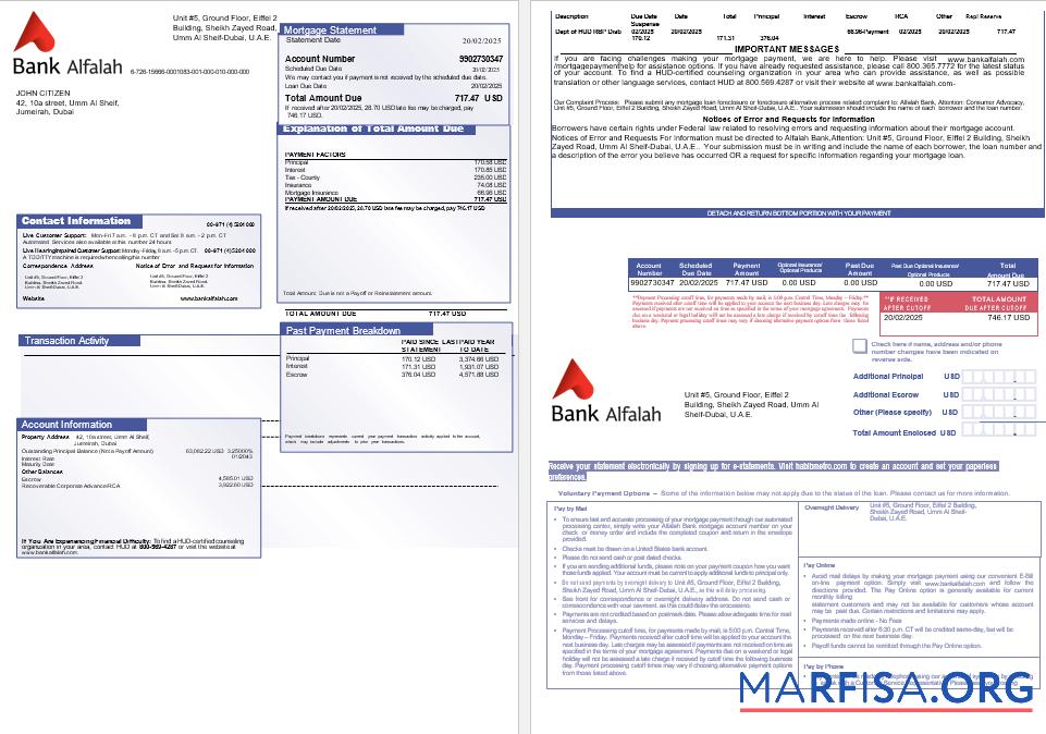 Printable UAE Abu Dhabi Bank Alfalah mortgage statement in Word and PDF formats, 3 pages 1 2 example